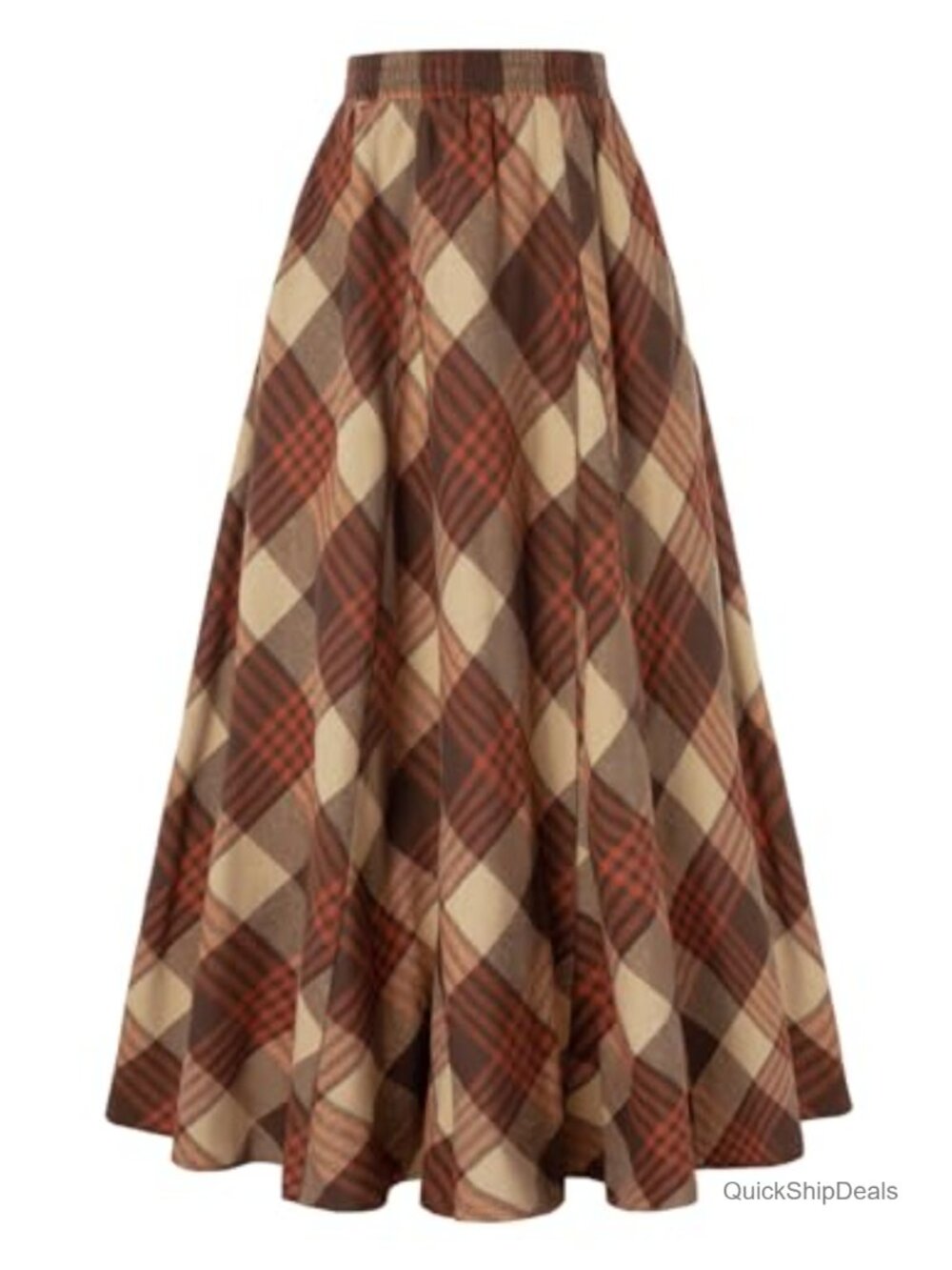 Plaid A-Line Maxi Skirt High Waist Godet Side Pockets Lined Flowy